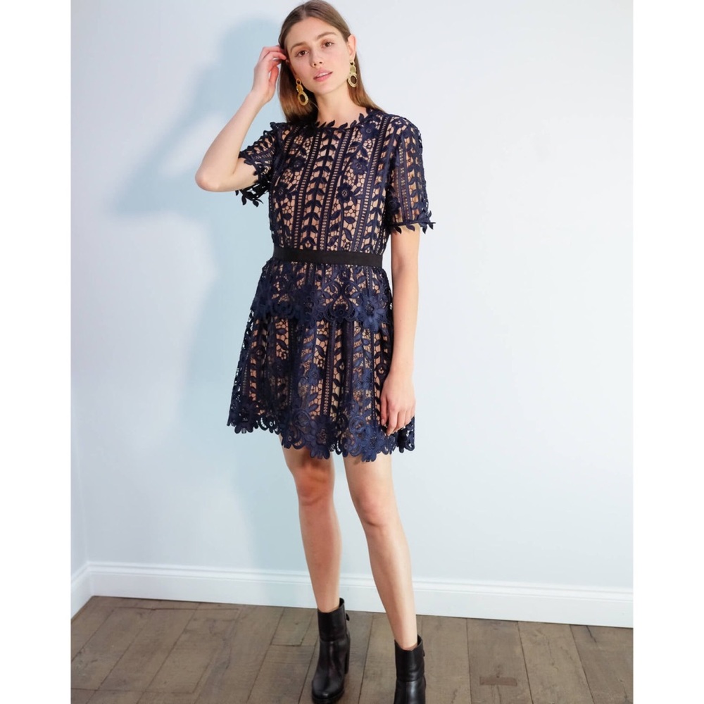Self Portrait Floral Lace Short Sleeve A Line Dress Navy Nude Size US10 - Picture 4 of 12